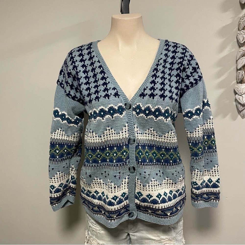 Next Fair Isle Nordic 100% Cottom Button Down Knit Cardigan Sweater Small Medium